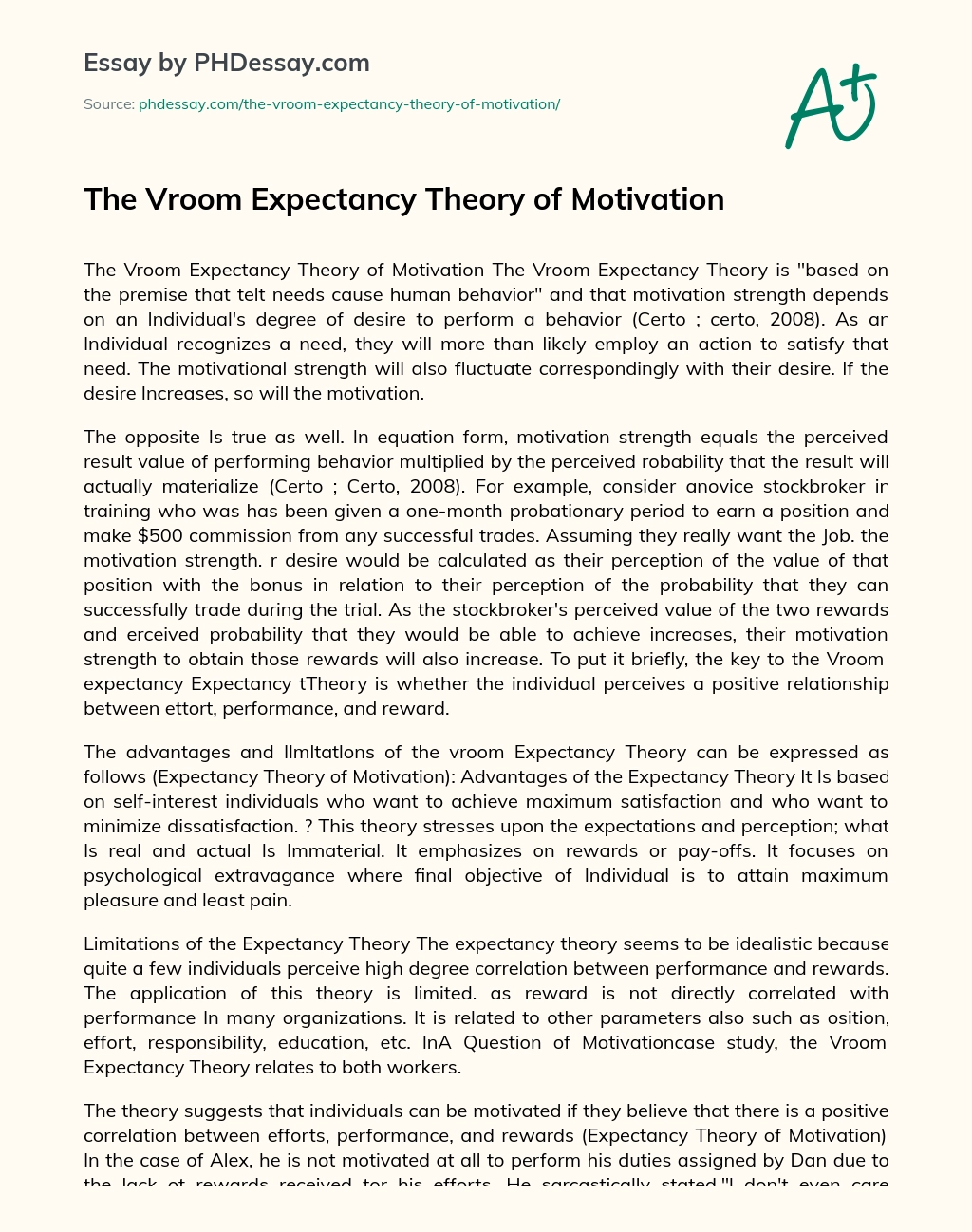 The Vroom Expectancy Theory of Motivation essay