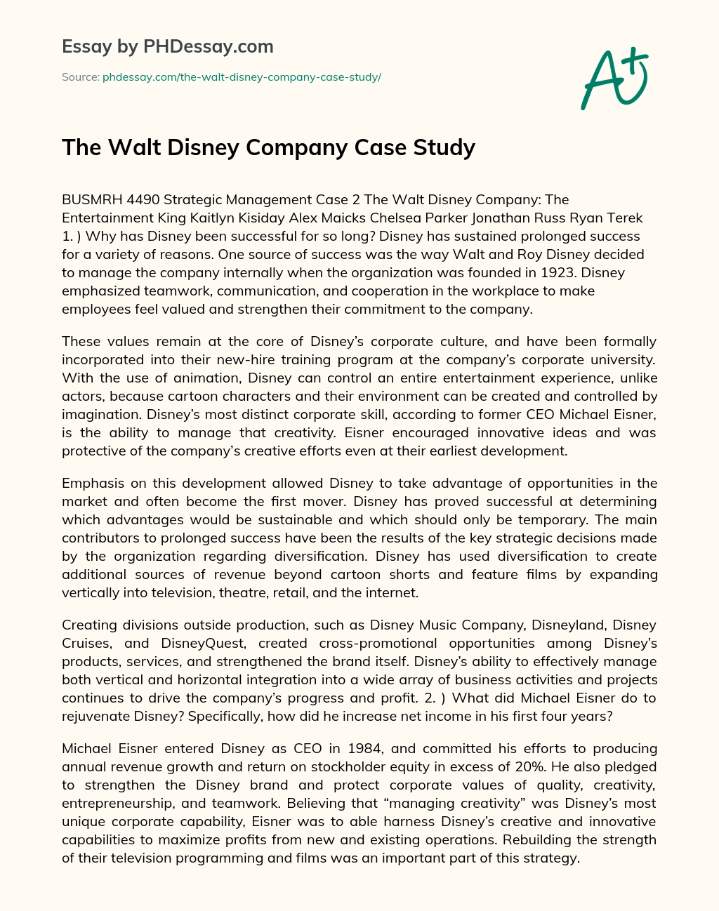 The Walt Disney Company Case Study essay