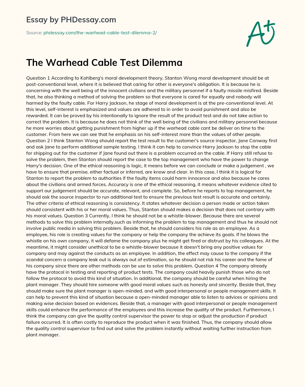 The Warhead Cable Test Dilemma Persuasive Essay essay