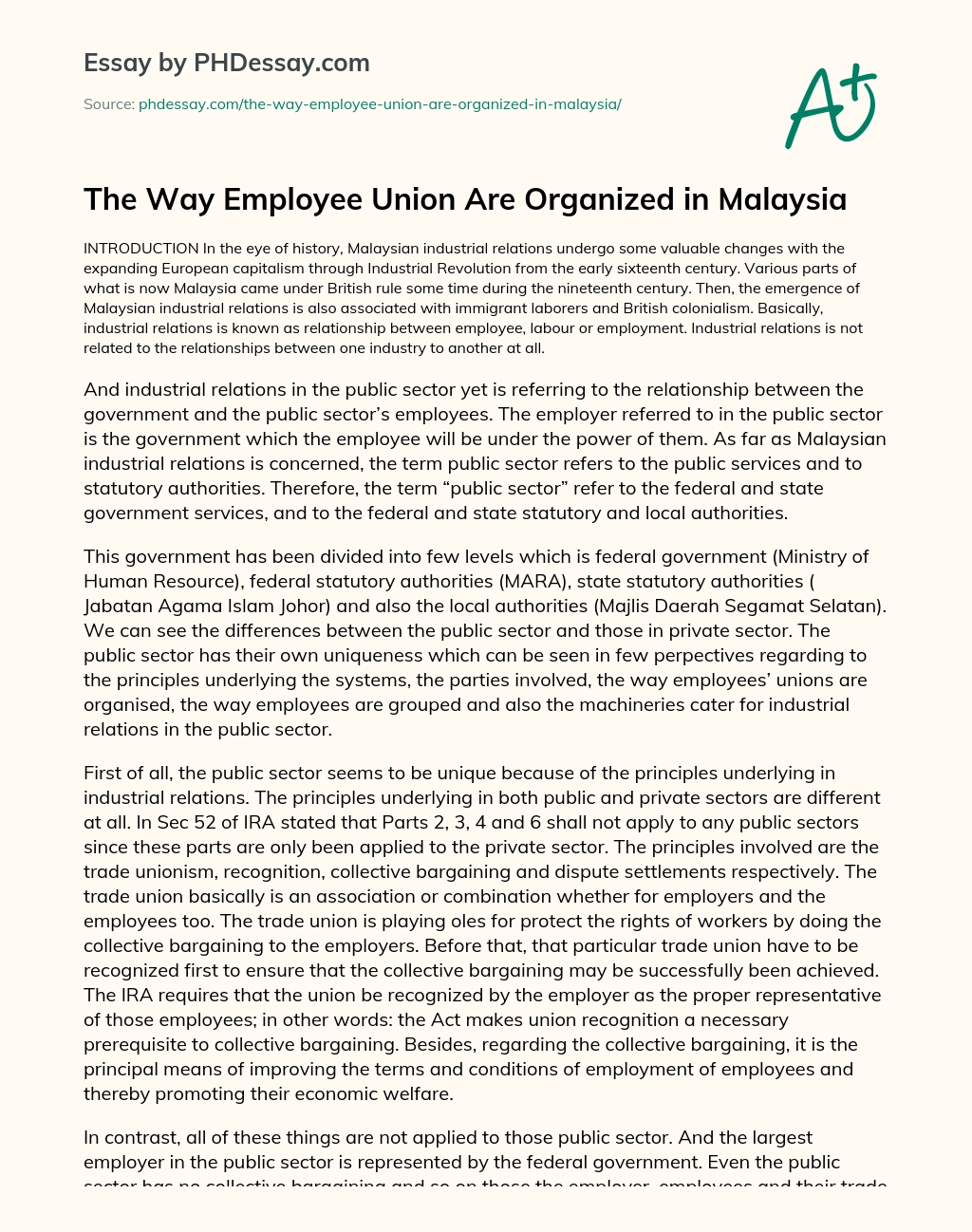 The Way Employee Union Are Organized in Malaysia essay