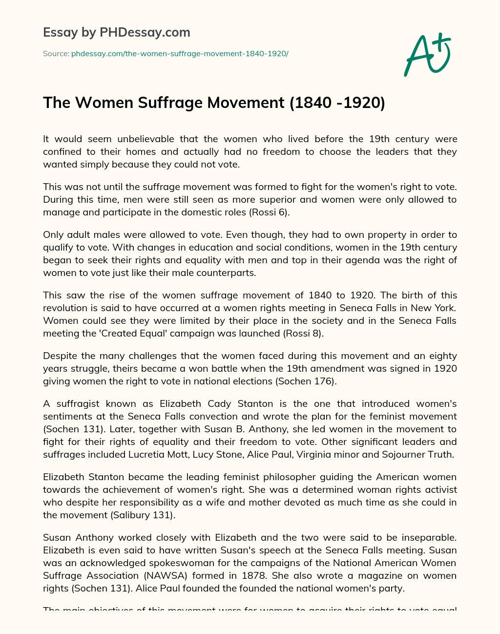 The Women Suffrage Movement (1840 -1920) essay