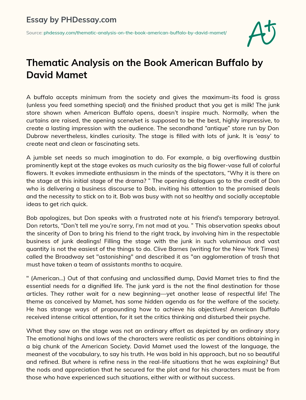 Thematic Analysis on the Book American Buffalo by David Mamet essay