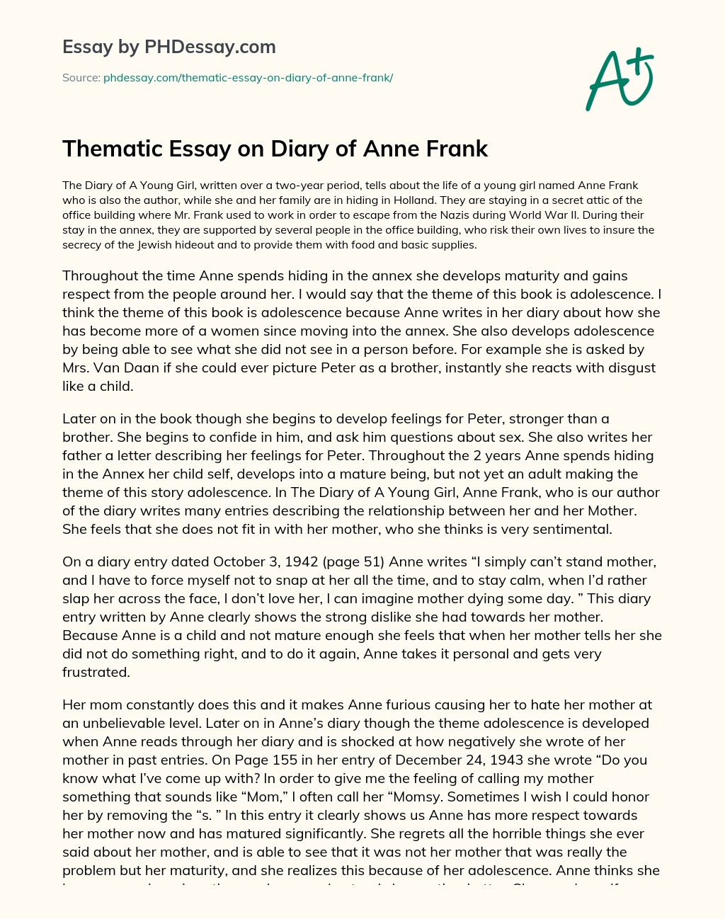 Thematic Essay on Diary of Anne Frank - PHDessay.com