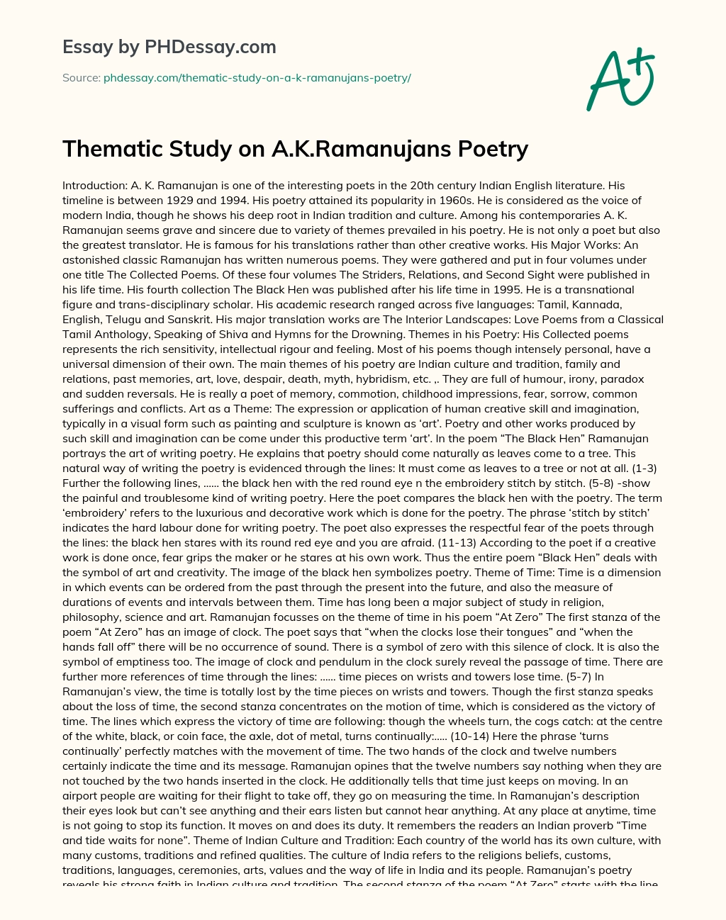 Thematic Study on A.K.Ramanujans Poetry essay