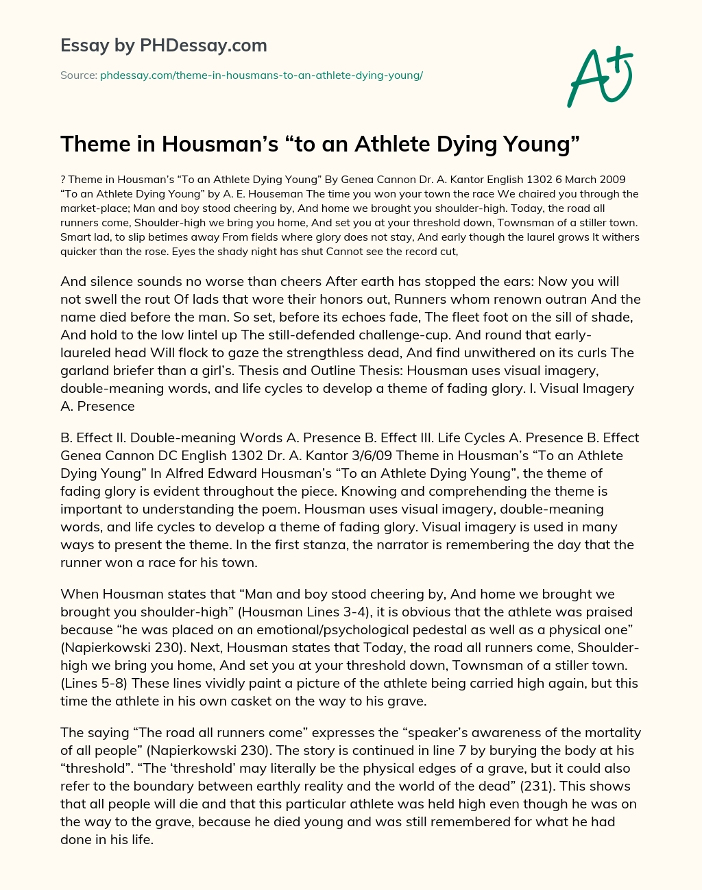 housman to an athlete dying young