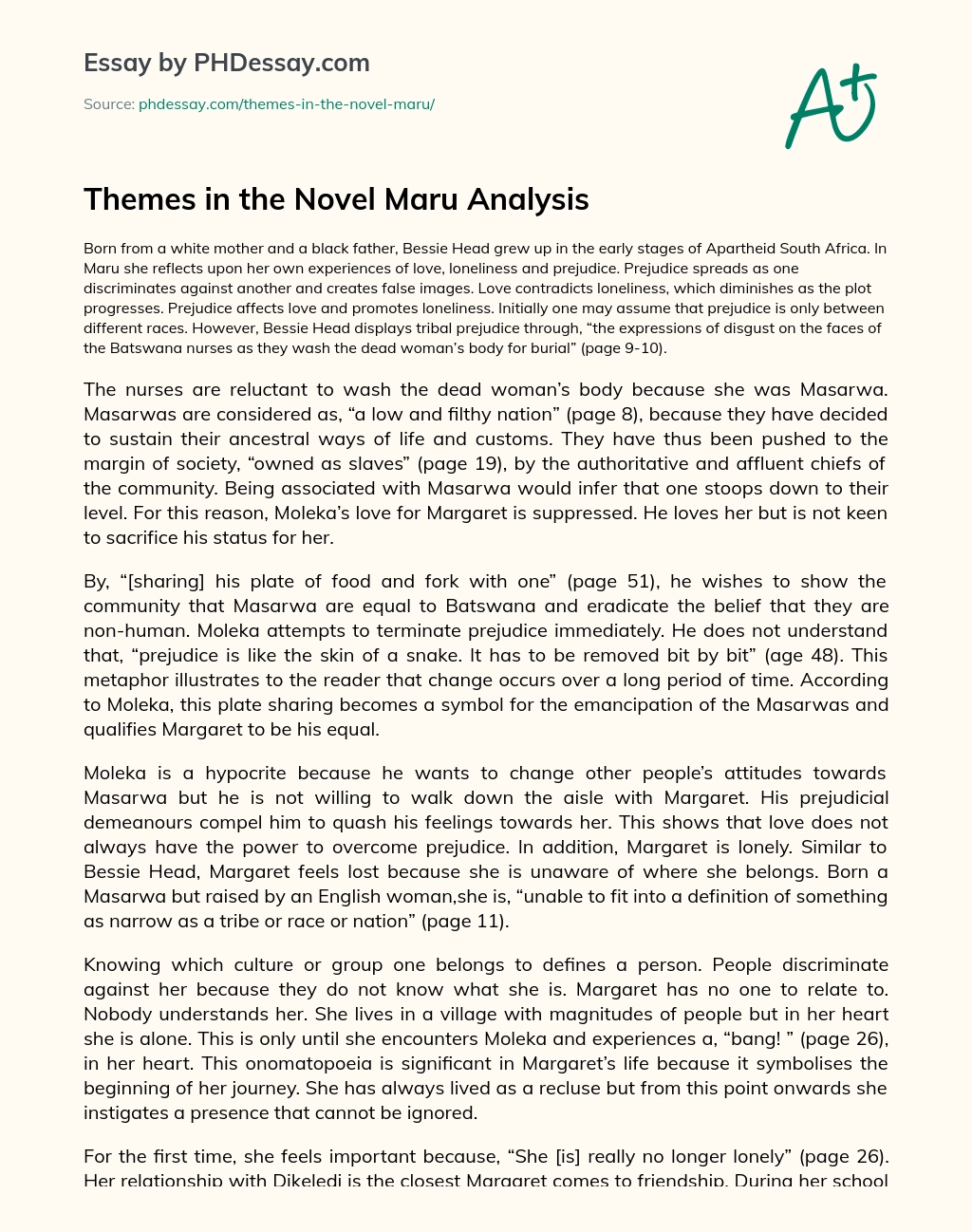 Themes in the Novel Maru Analysis essay