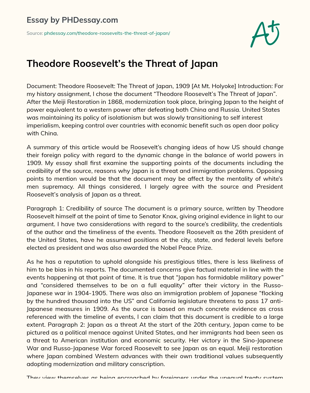 Theodore Roosevelt’s the Threat of Japan essay