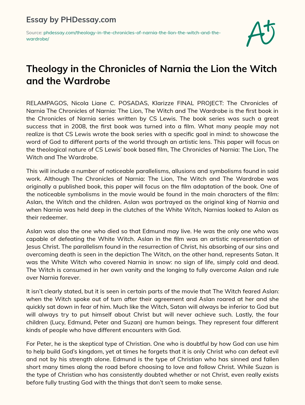 Theology in the Chronicles of Narnia the Lion the Witch and the Wardrobe essay