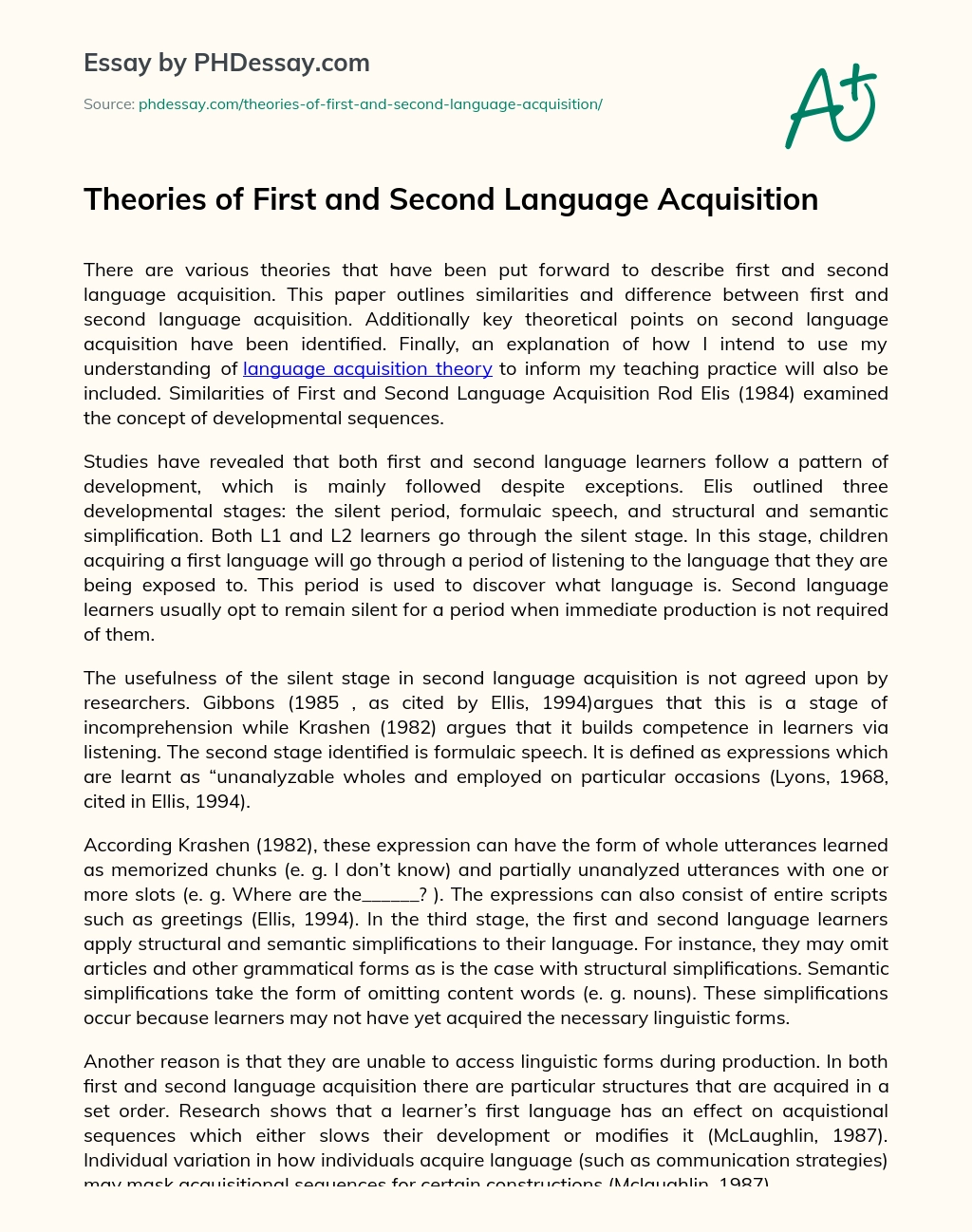 Theories of First and Second Language Acquisition essay