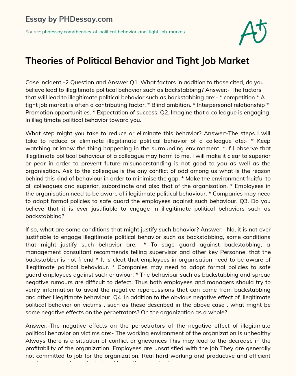 Theories of Political Behavior and Tight Job Market essay