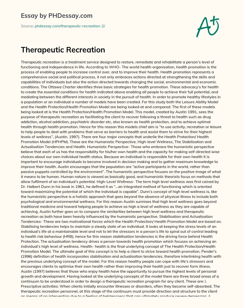 Therapeutic Recreation essay
