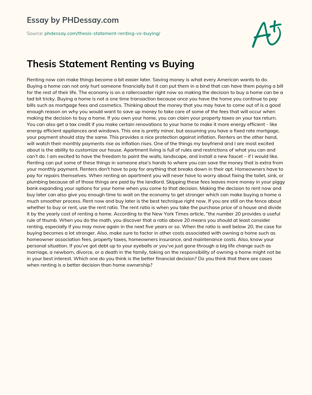 Thesis Statement Renting vs Buying essay