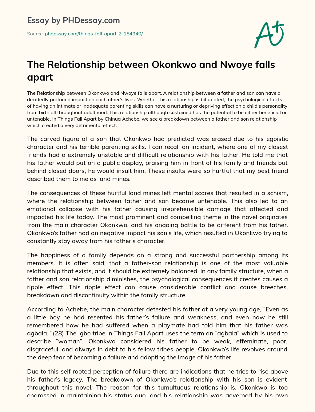 The Relationship between Okonkwo and Nwoye falls apart essay