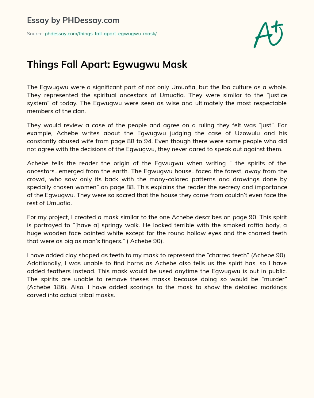 Things Fall Apart: Egwugwu Mask essay