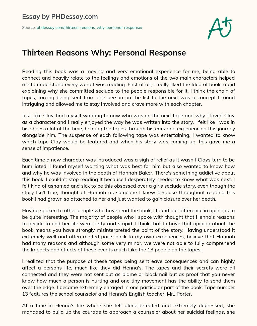 Thirteen Reasons Why: Personal Response essay