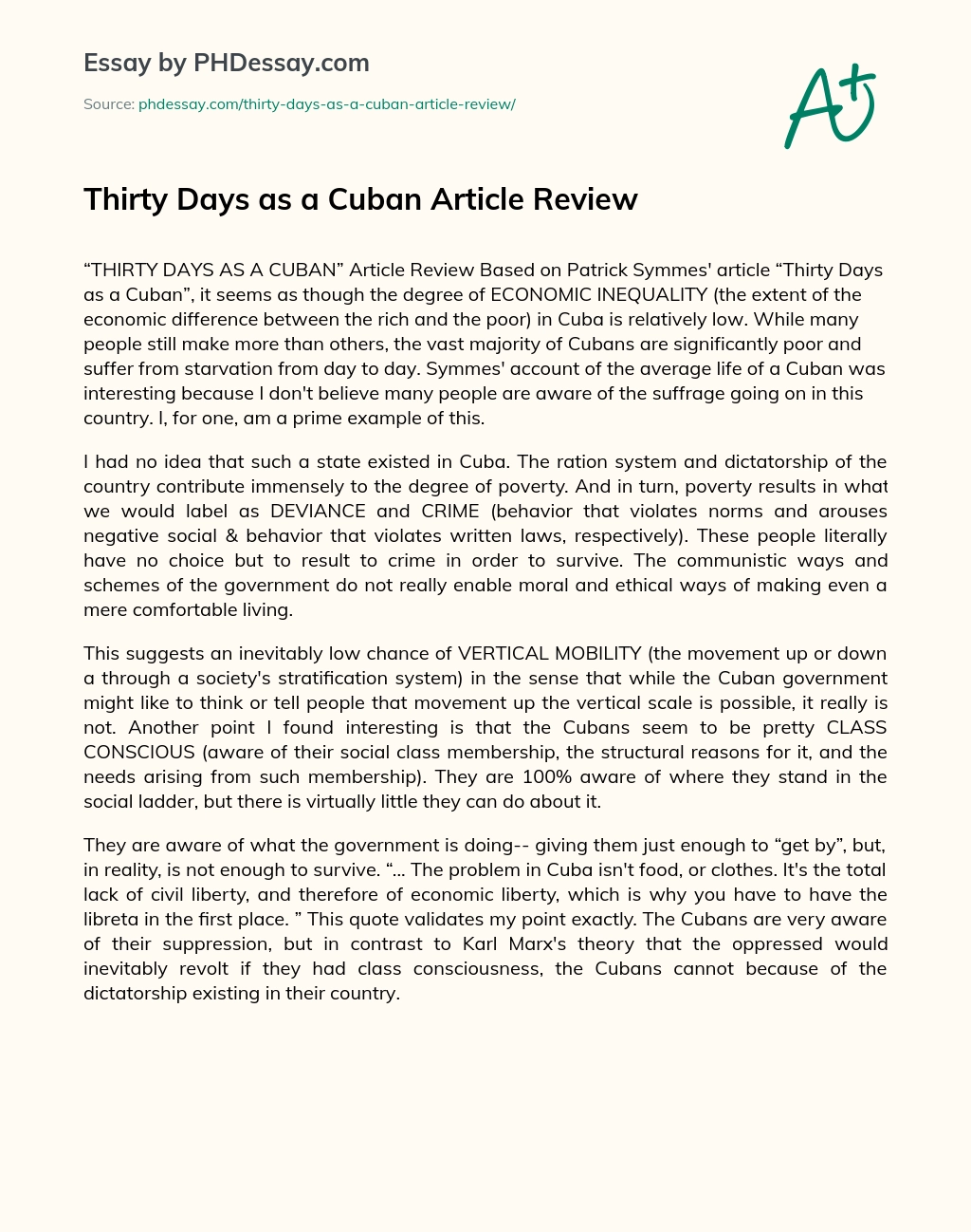 Thirty Days as a Cuban Article Review essay