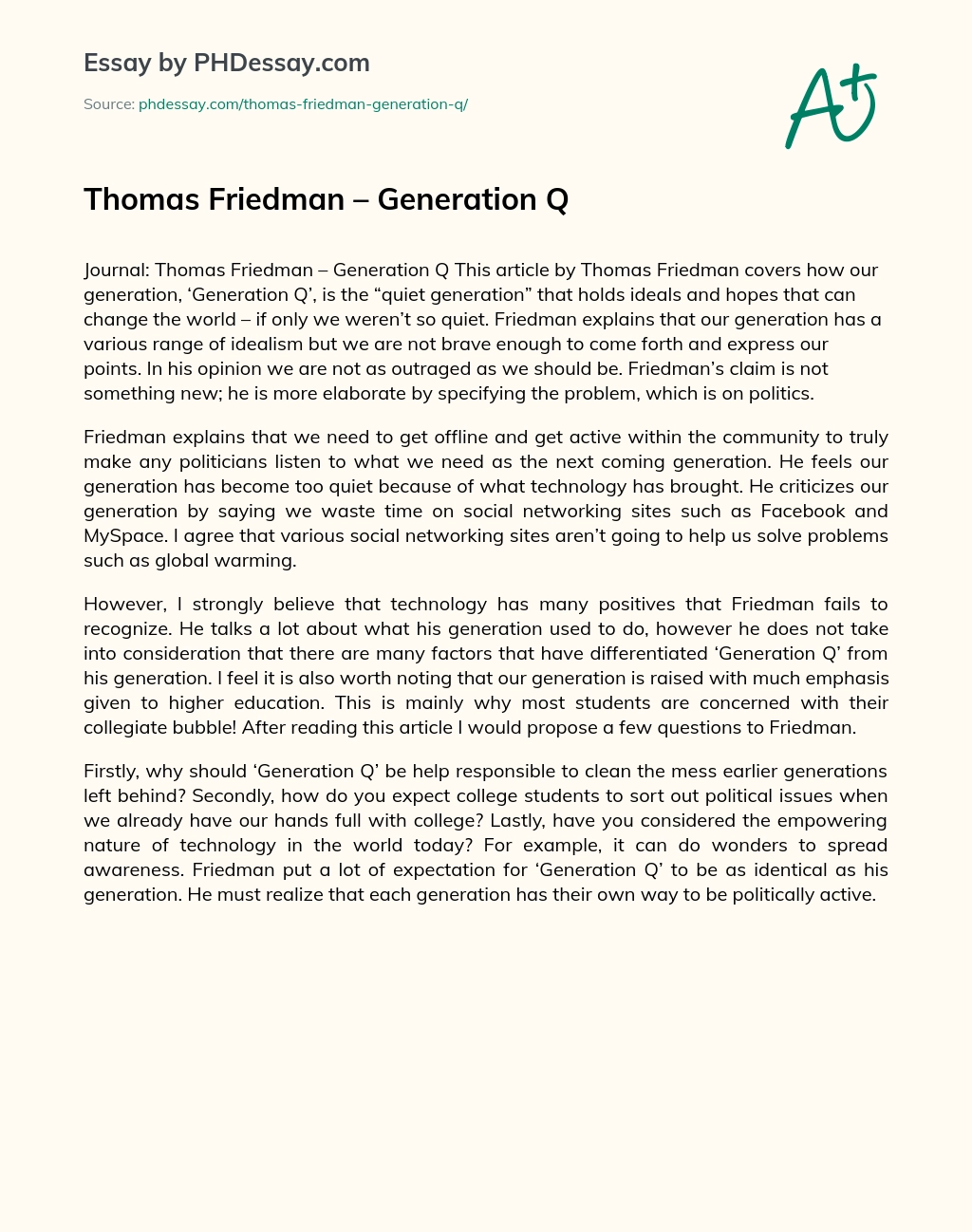 Thomas Friedman – Generation Q essay