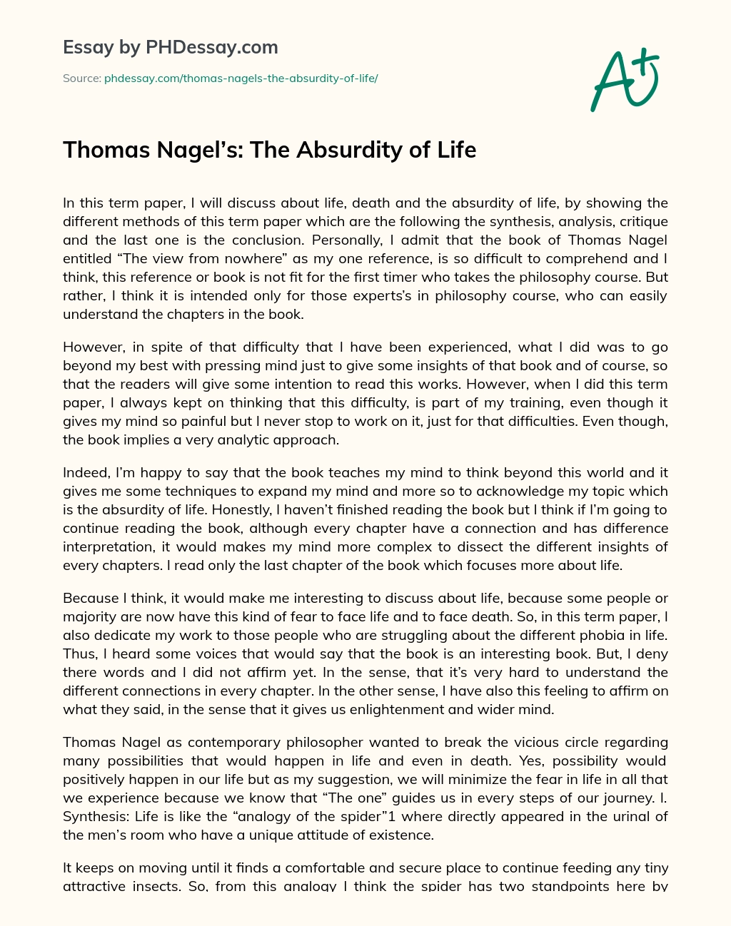 Thomas Nagel’s: The Absurdity of Life essay