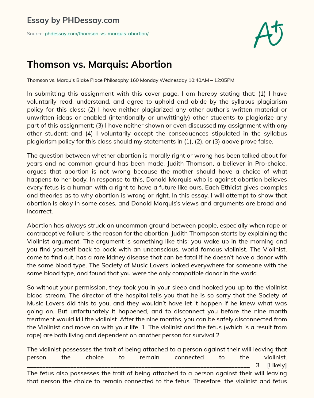 Thomson vs. Marquis: Abortion essay