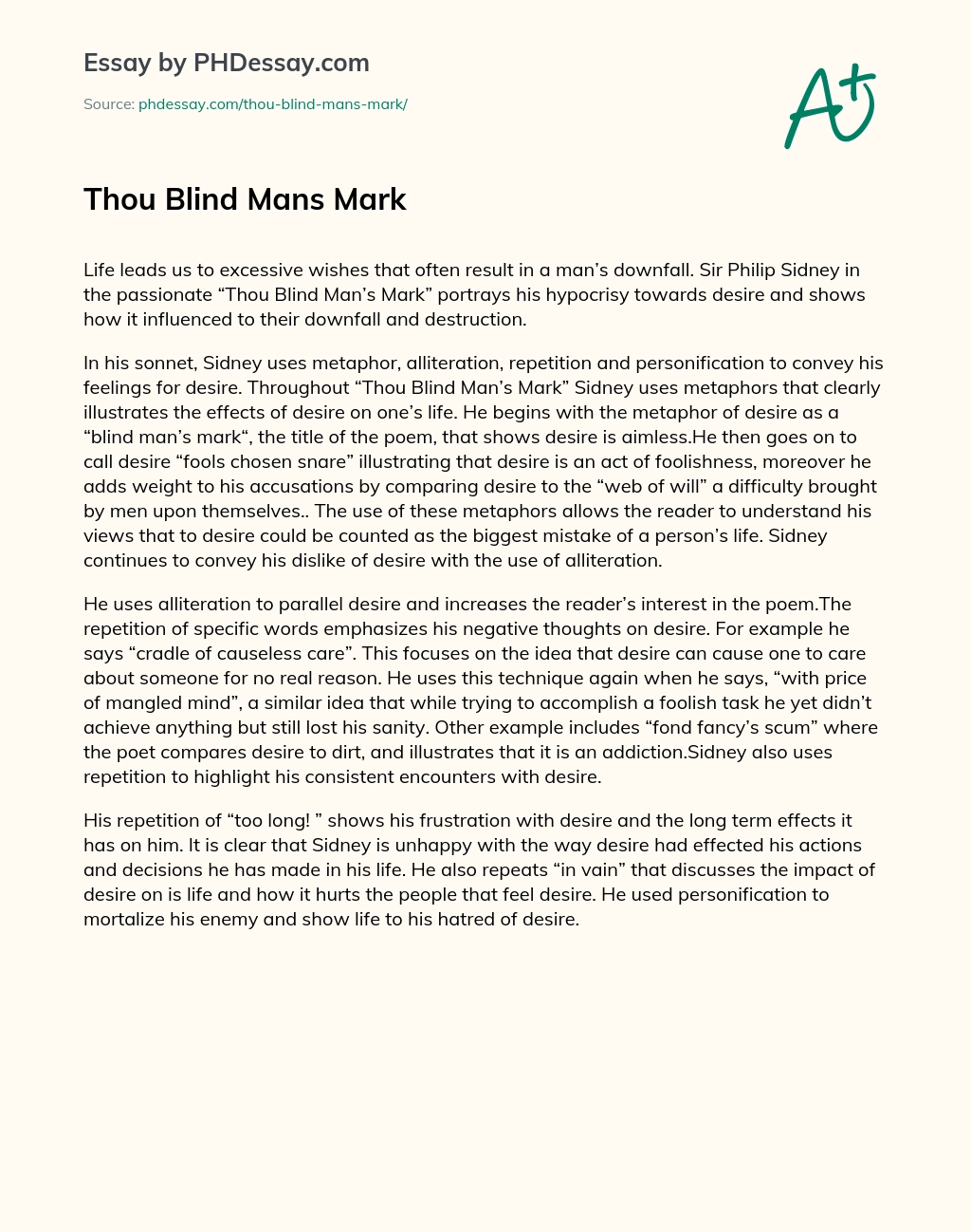 Thou Blind Mans Mark essay