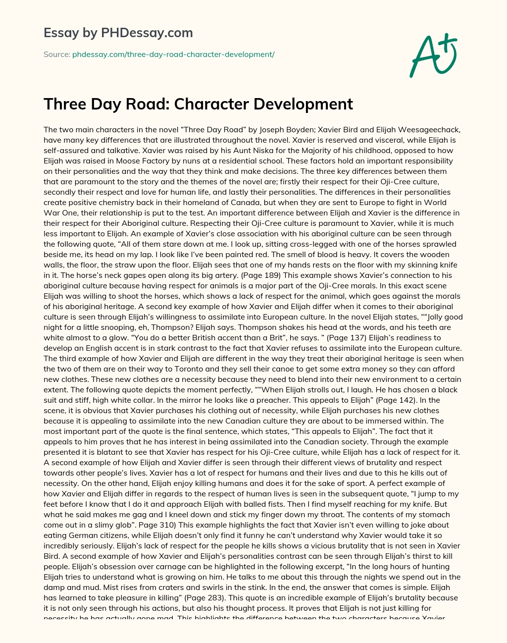 Three Day Road: Character Development essay
