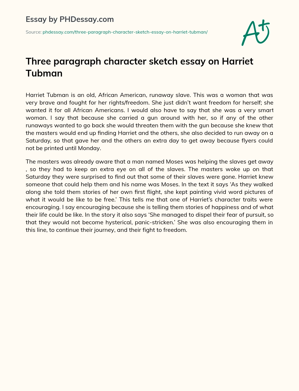 Three paragraph character sketch essay on Harriet Tubman essay