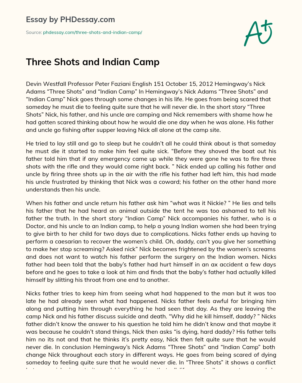 Three Shots and Indian Camp essay