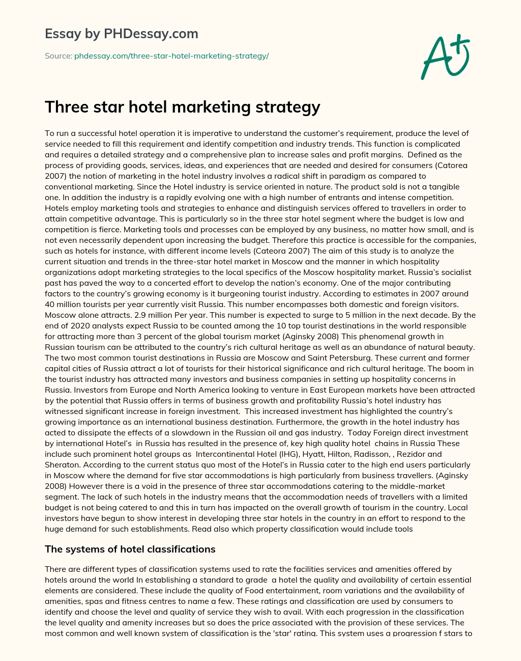 Three star hotel marketing strategy essay