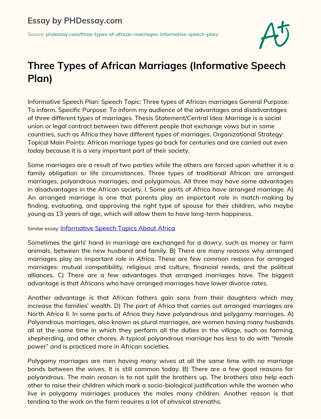 Three Types of African Marriages (Informative Speech Plan) essay