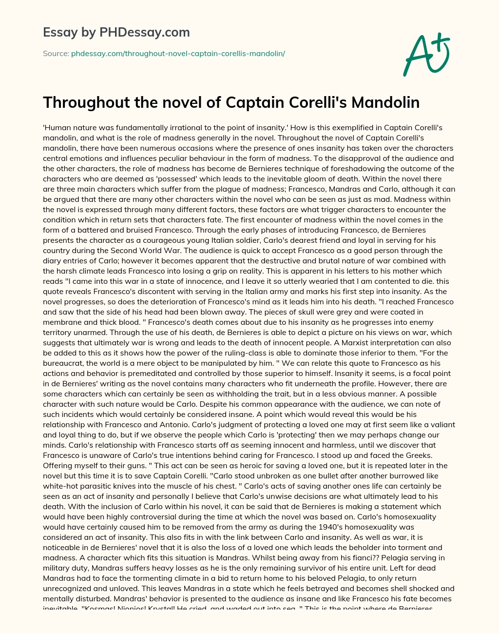Throughout the novel of Captain Corelli’s Mandolin essay