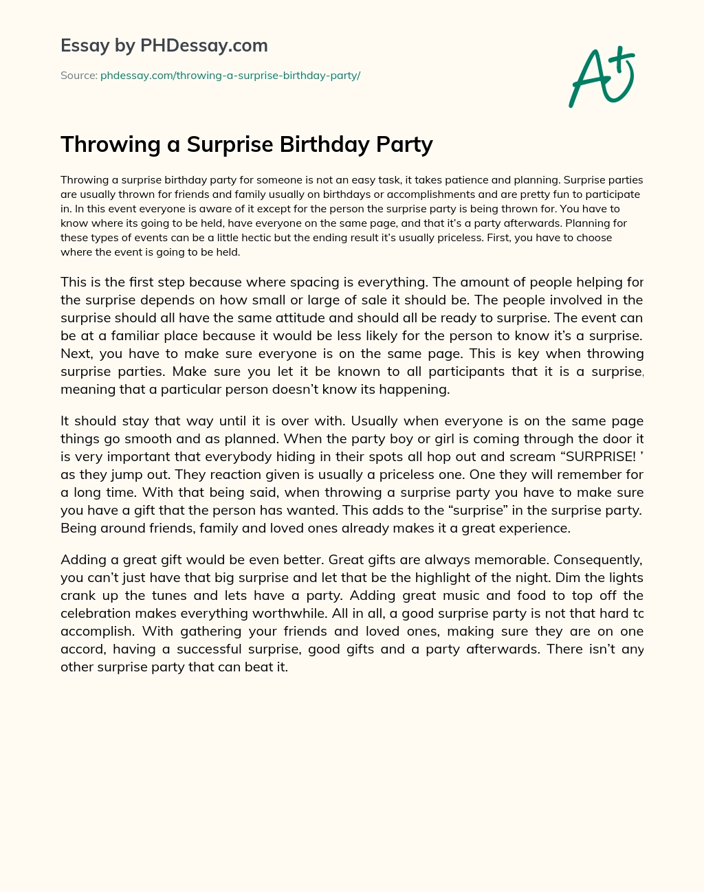 Throwing a Surprise Birthday Party essay