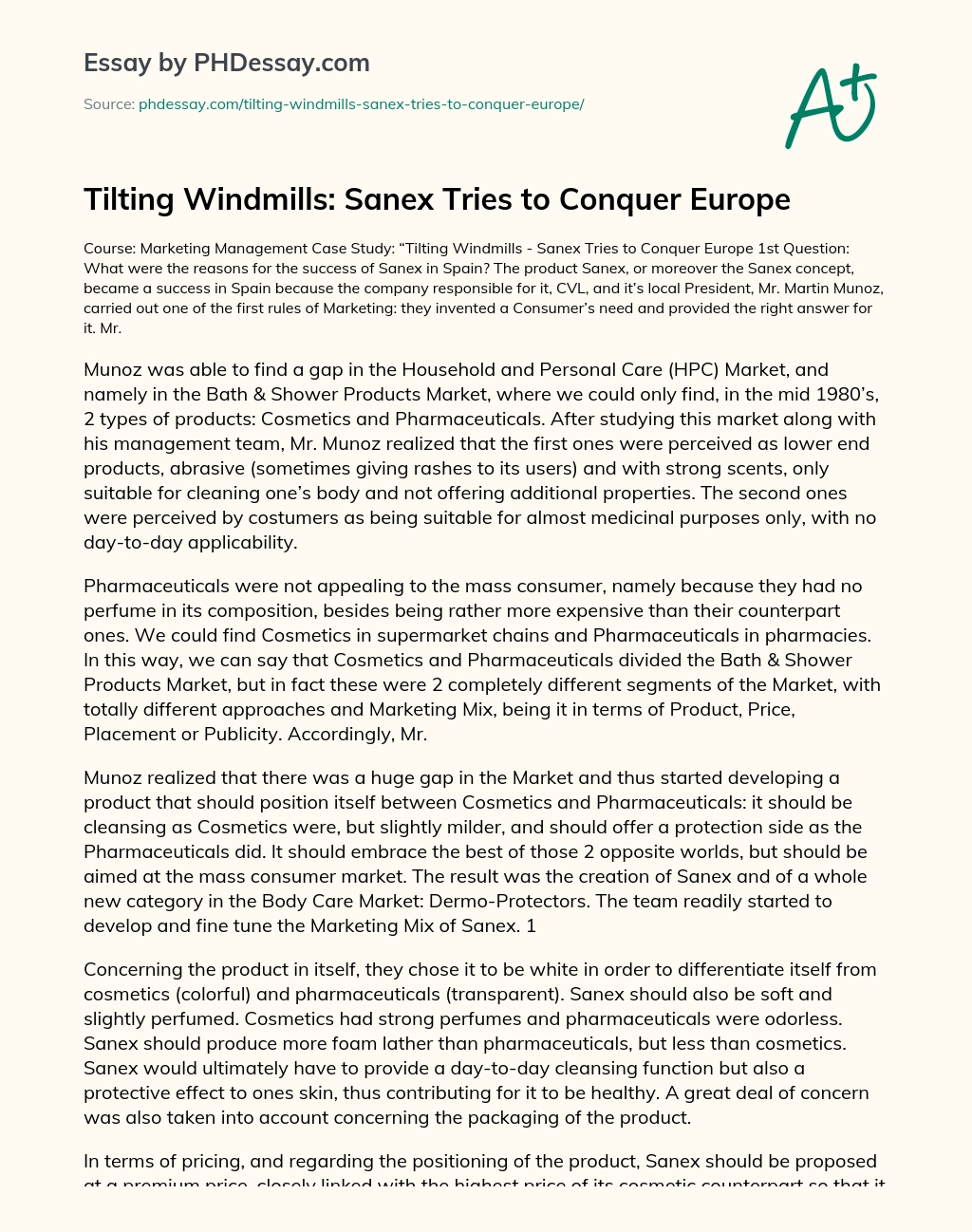 Tilting Windmills: Sanex Tries to Conquer Europe essay