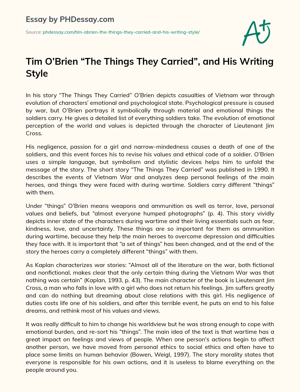Tim O’Brien “The Things They Carried”, and His Writing Style essay