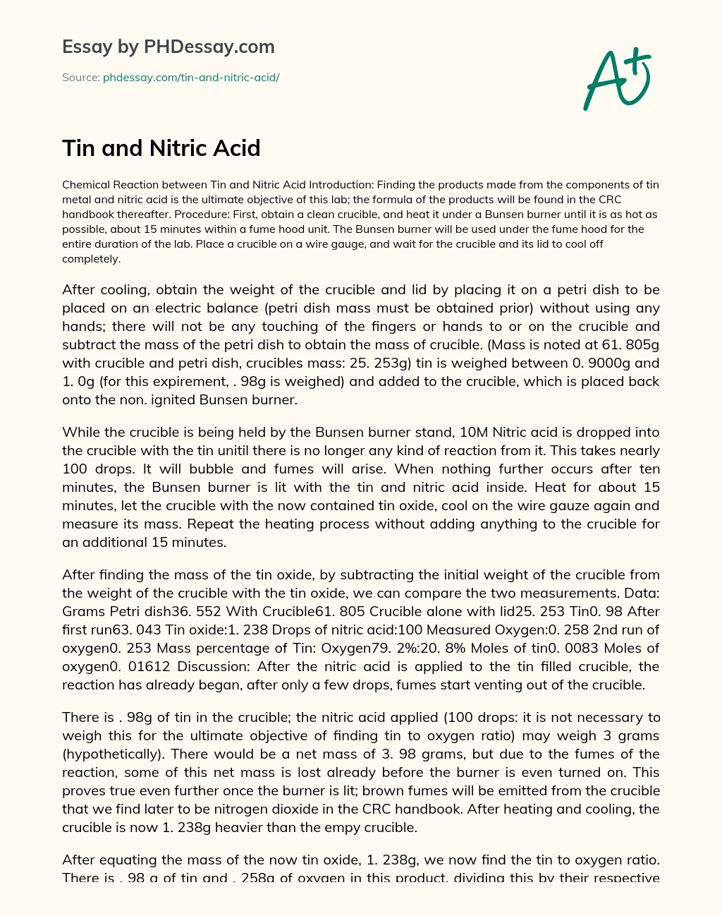Tin and Nitric Acid essay