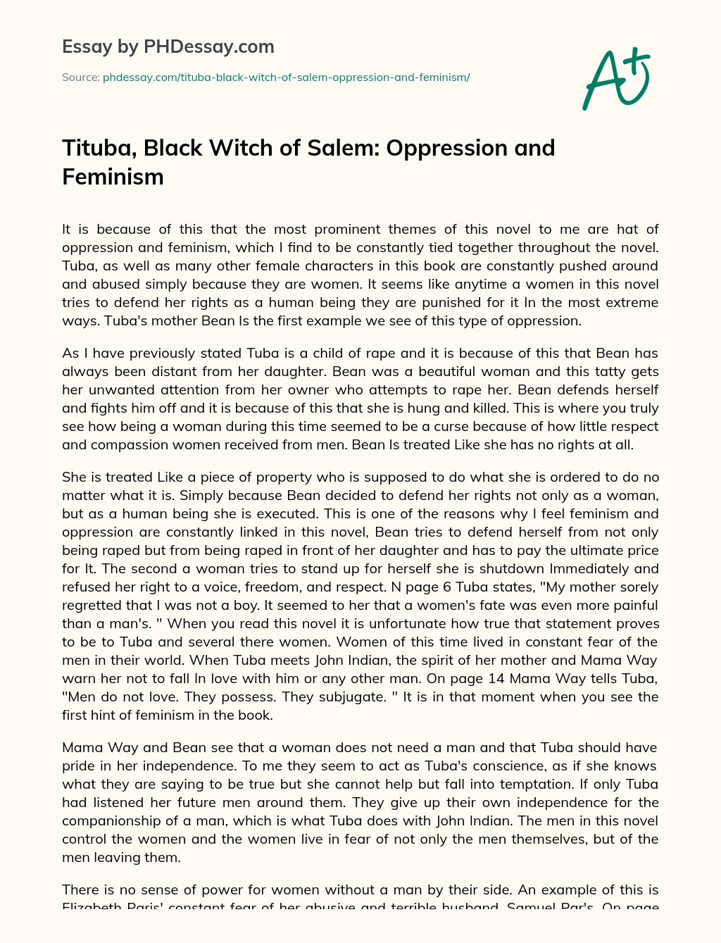 Tituba, Black Witch of Salem: Oppression and Feminism essay