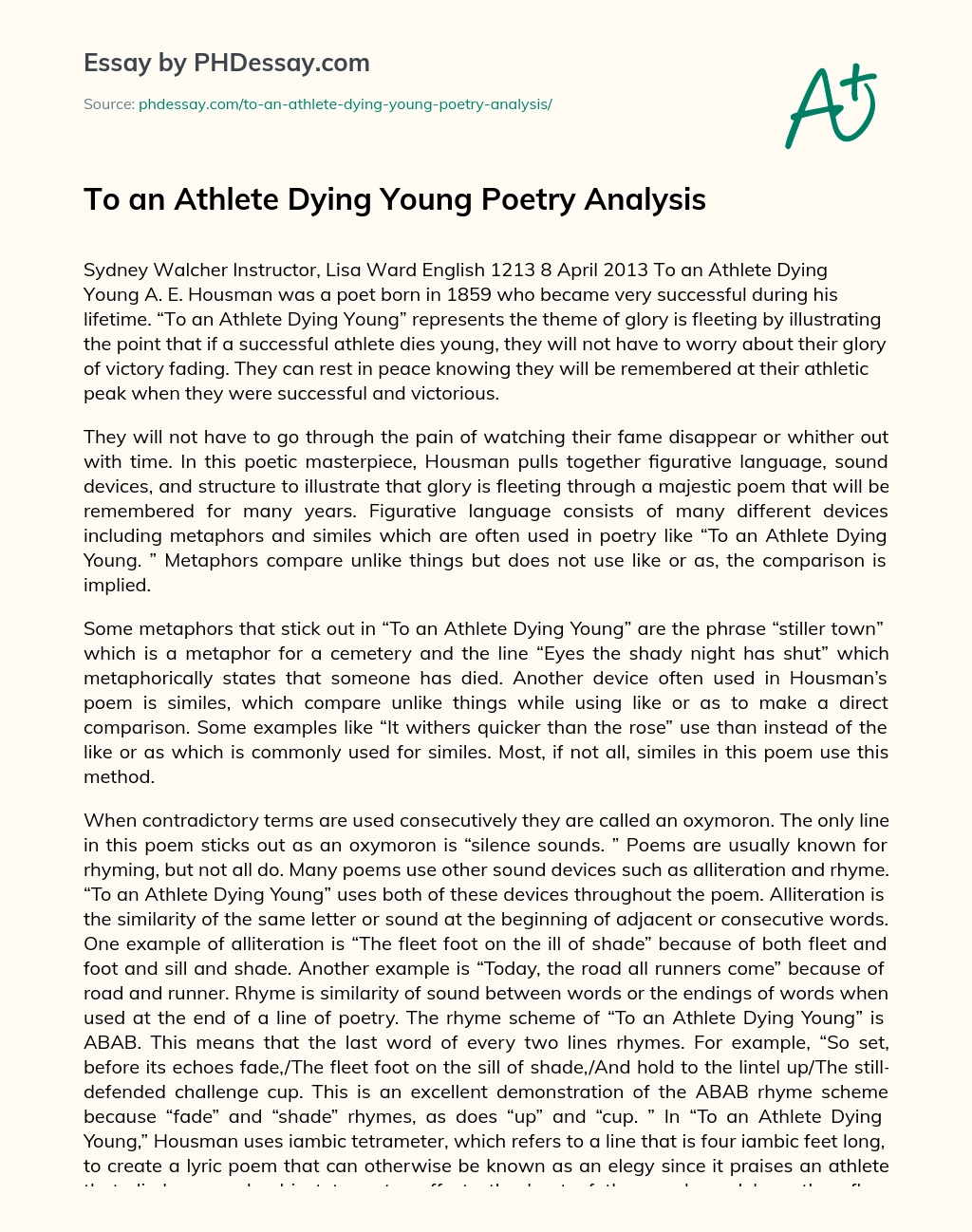 To an Athlete Dying Young Poetry Analysis essay
