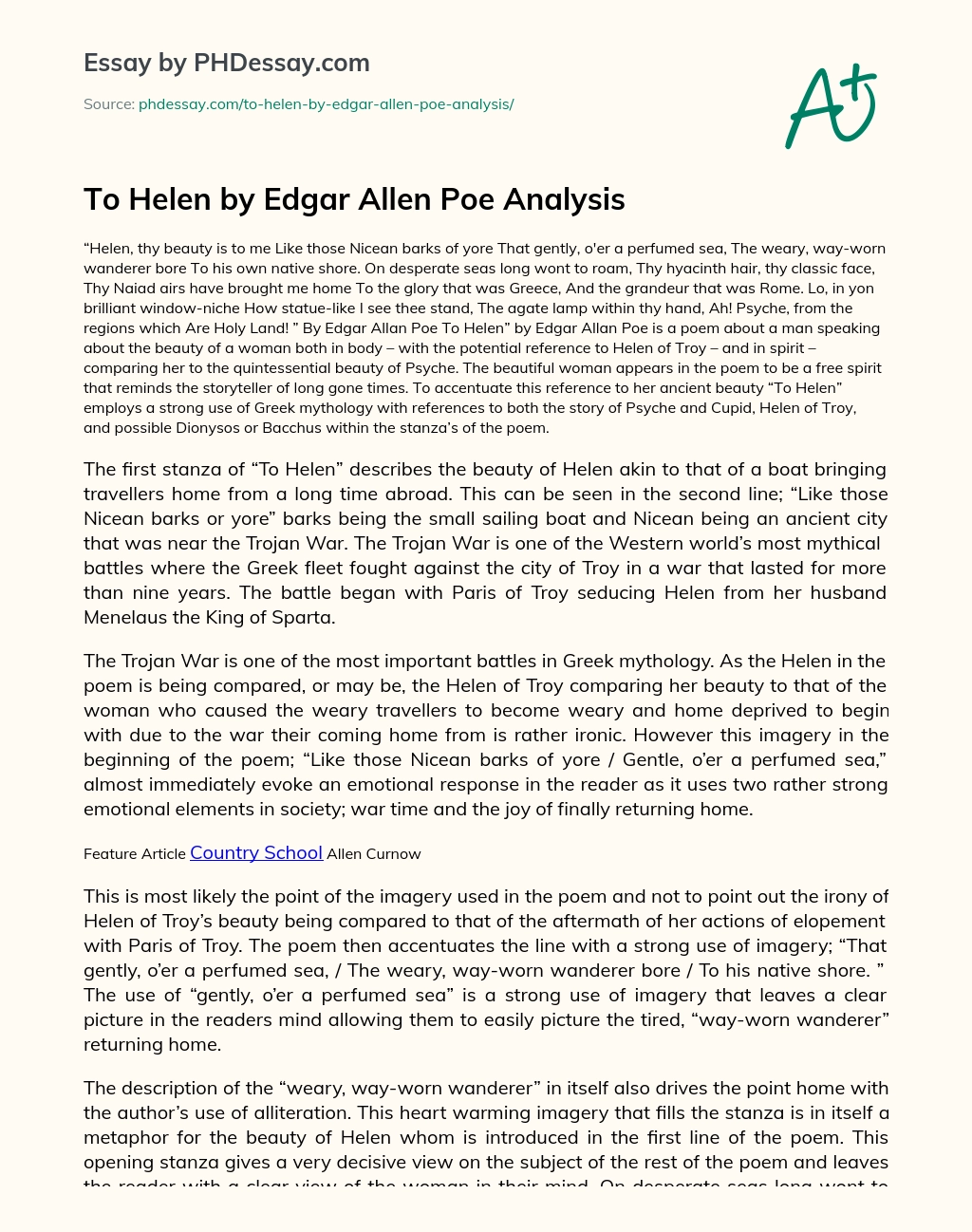 To Helen by Edgar Allen Poe Analysis essay