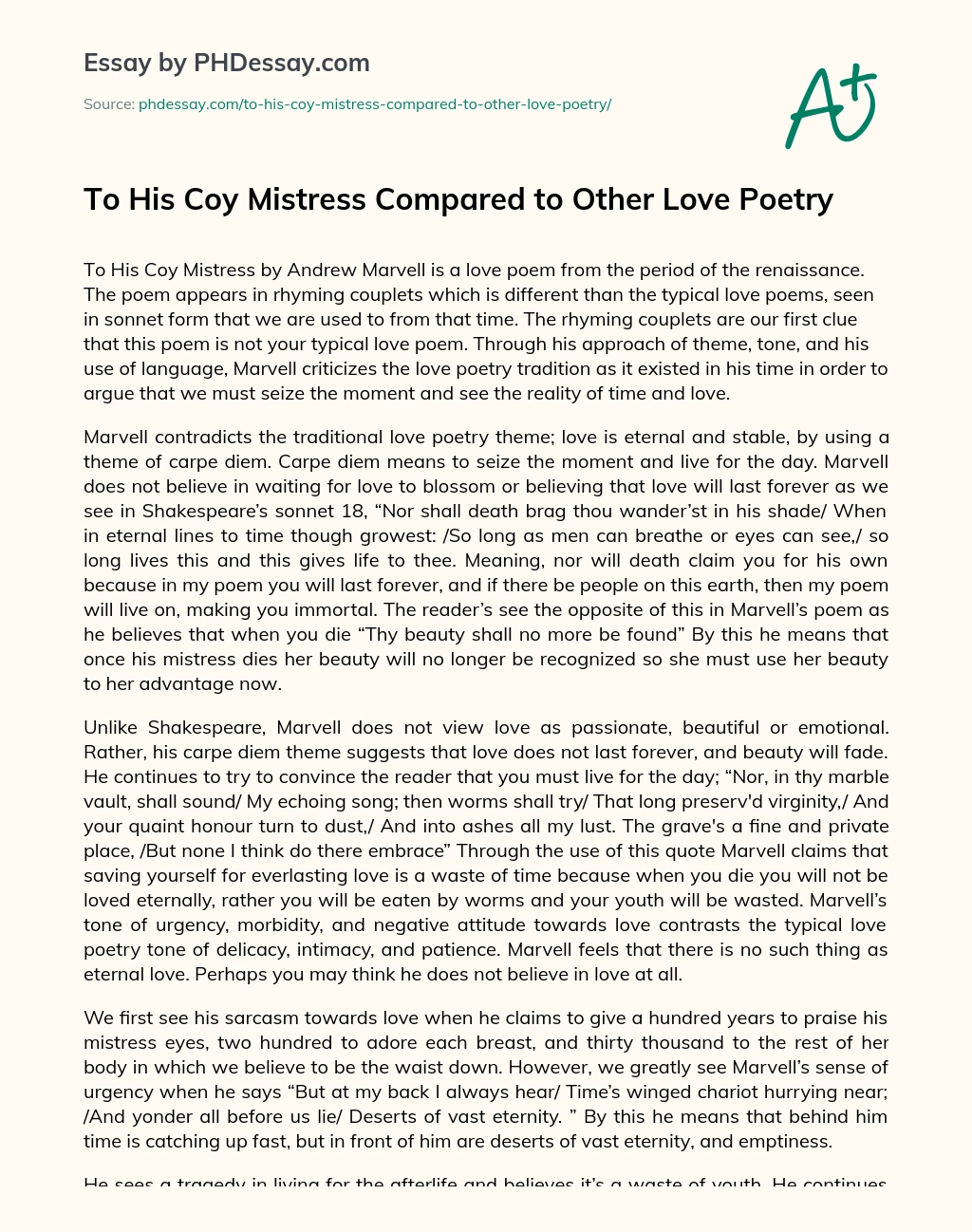 To His Coy Mistress Compared to Other Love Poetry essay