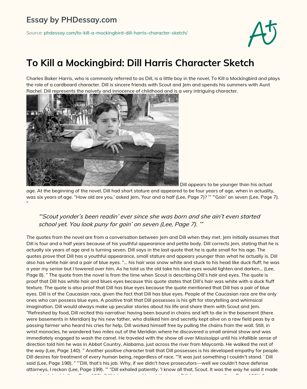 To Kill a Mockingbird: Dill Harris Character Sketch essay