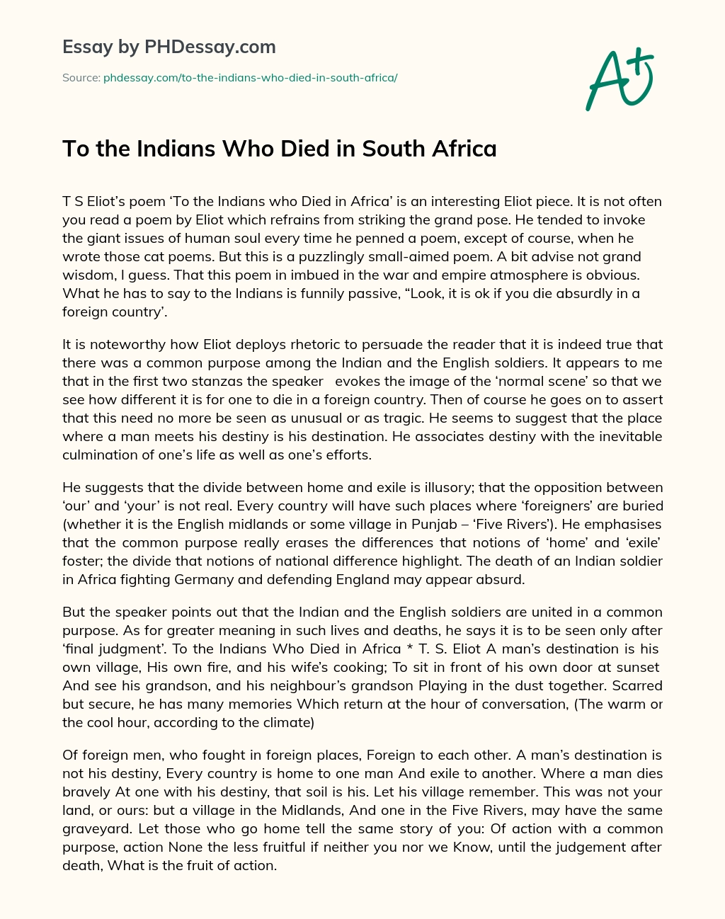 To the Indians Who Died in South Africa essay