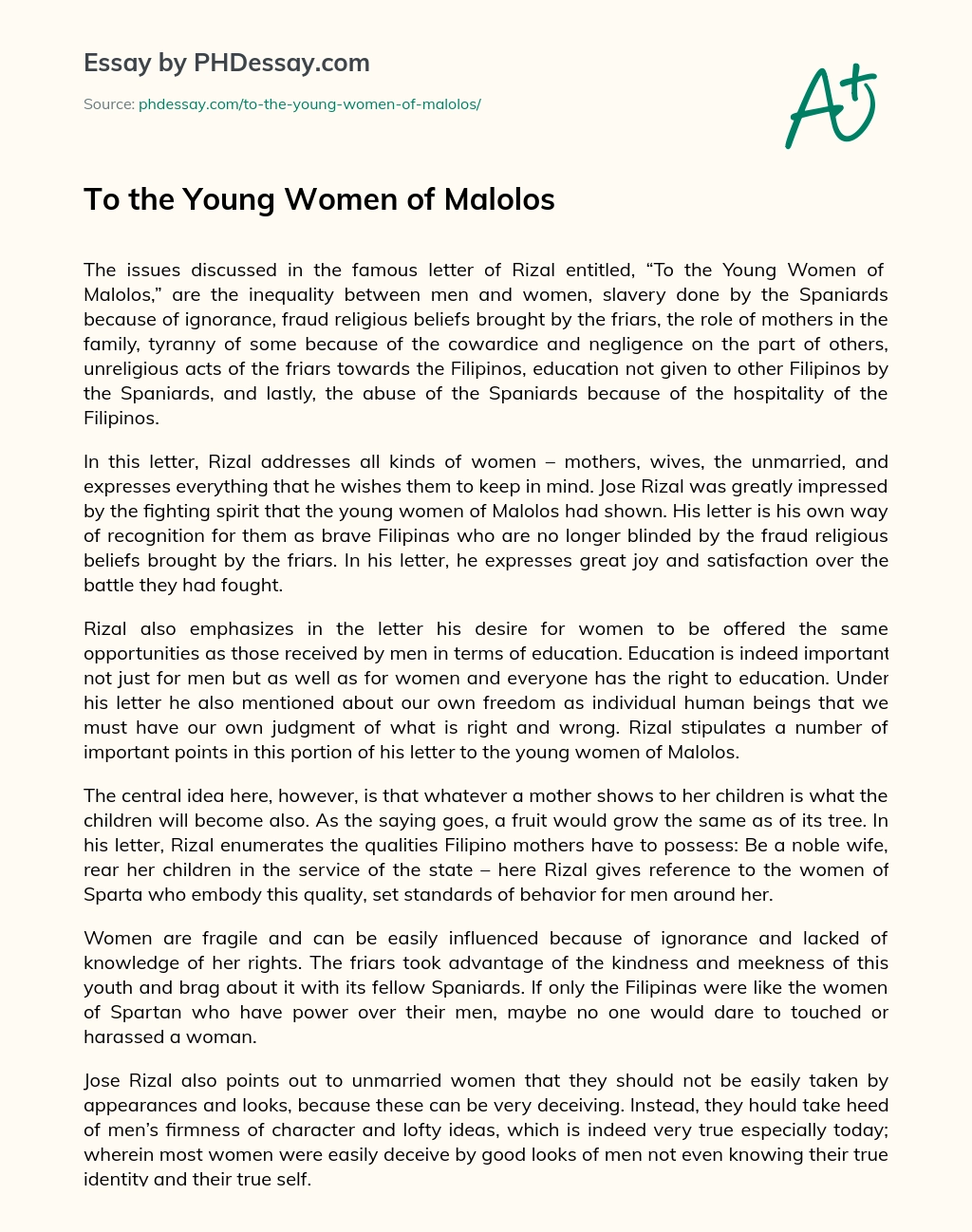To the Young Women of Malolos essay