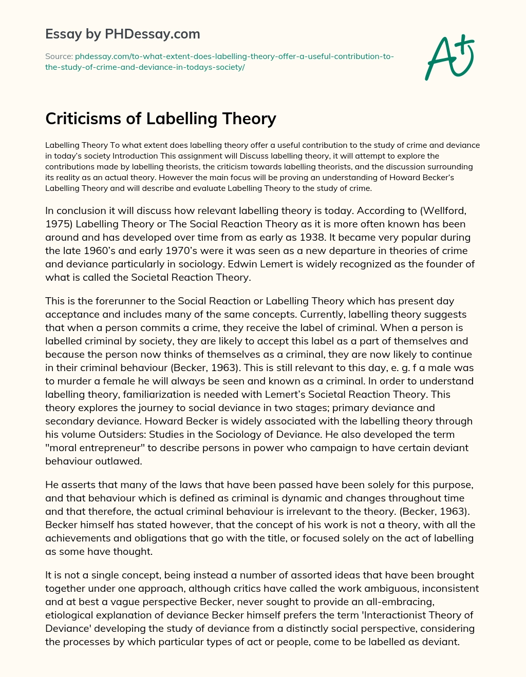 Criticisms of Labelling Theory essay