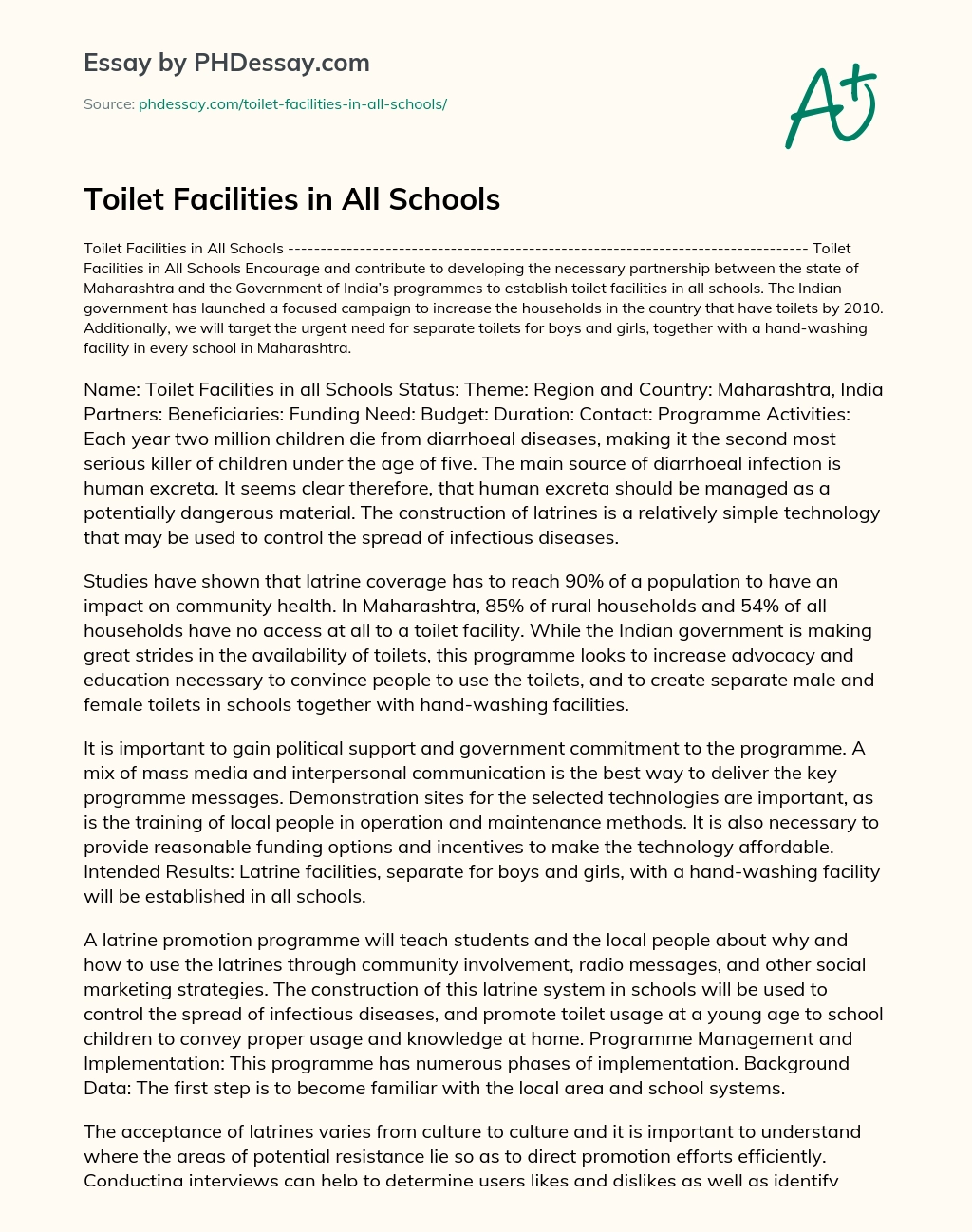 Toilet Facilities in All Schools essay