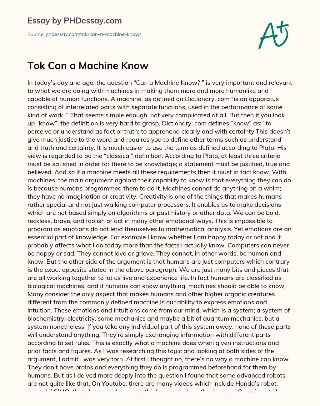Tok Can a Machine Know essay
