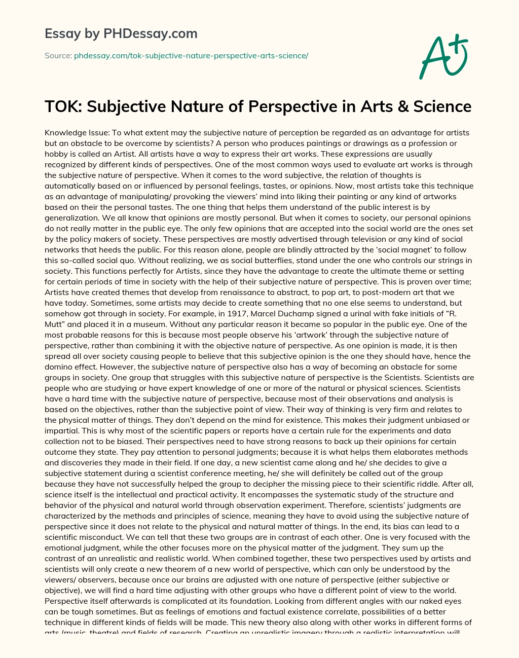 TOK: Subjective Nature of Perspective in Arts & Science essay