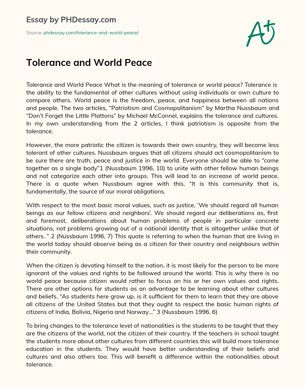 Tolerance and World Peace essay