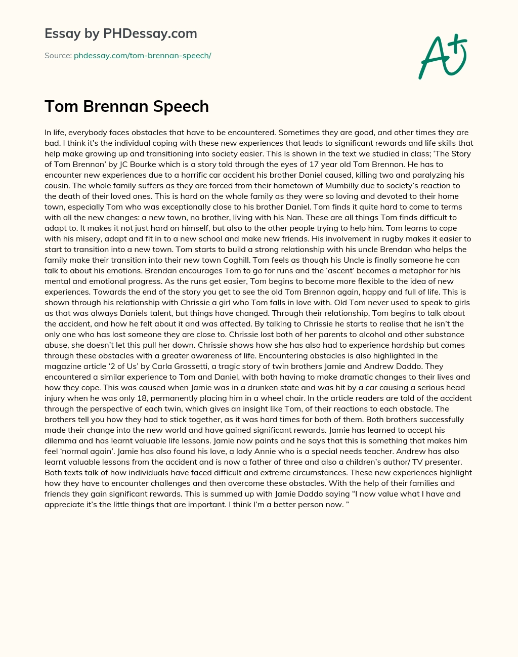 Tom Brennan Speech essay