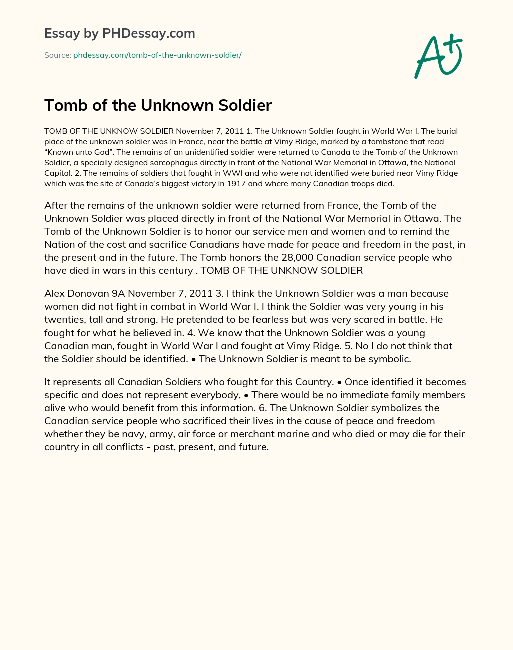 Tomb of the Unknown Soldier essay