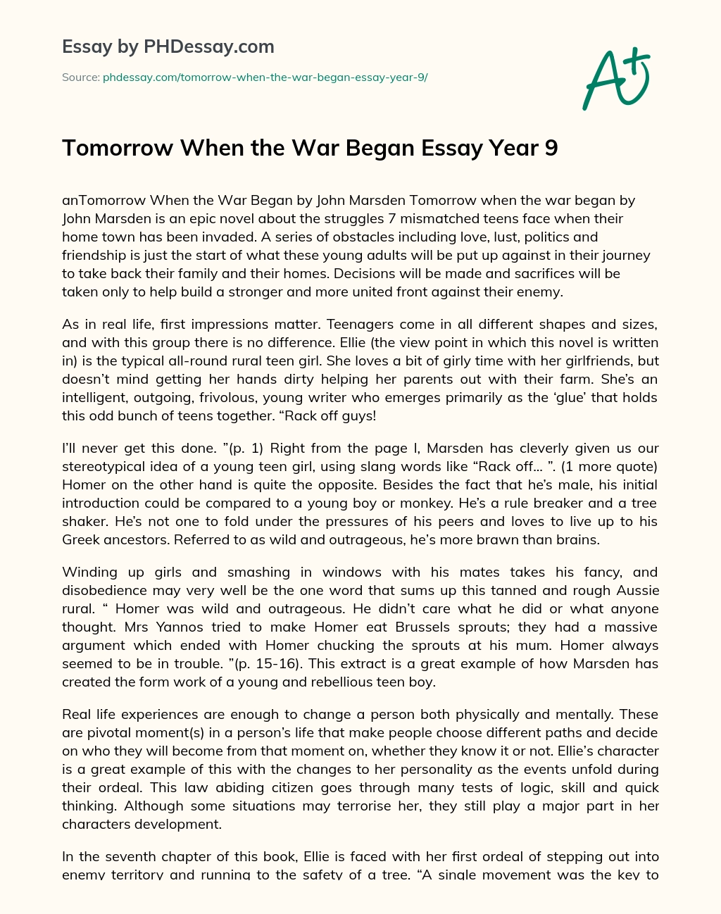 Tomorrow When the War Began Essay Year 9 essay