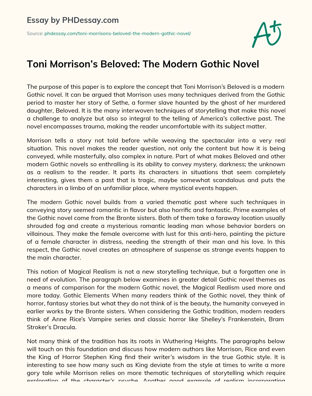 Toni Morrison’s Beloved: The Modern Gothic Novel essay
